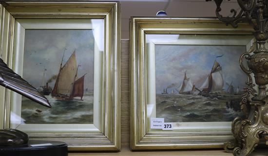 Maud Dickinson, 2 oils on canvas, fishing boats off the coast, dated 1891, 29 x 21cm and 24 x 28cm